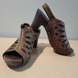 Dansko Rowena Brown Leather Platform Peep‎ Toe Slingback Sandals 7